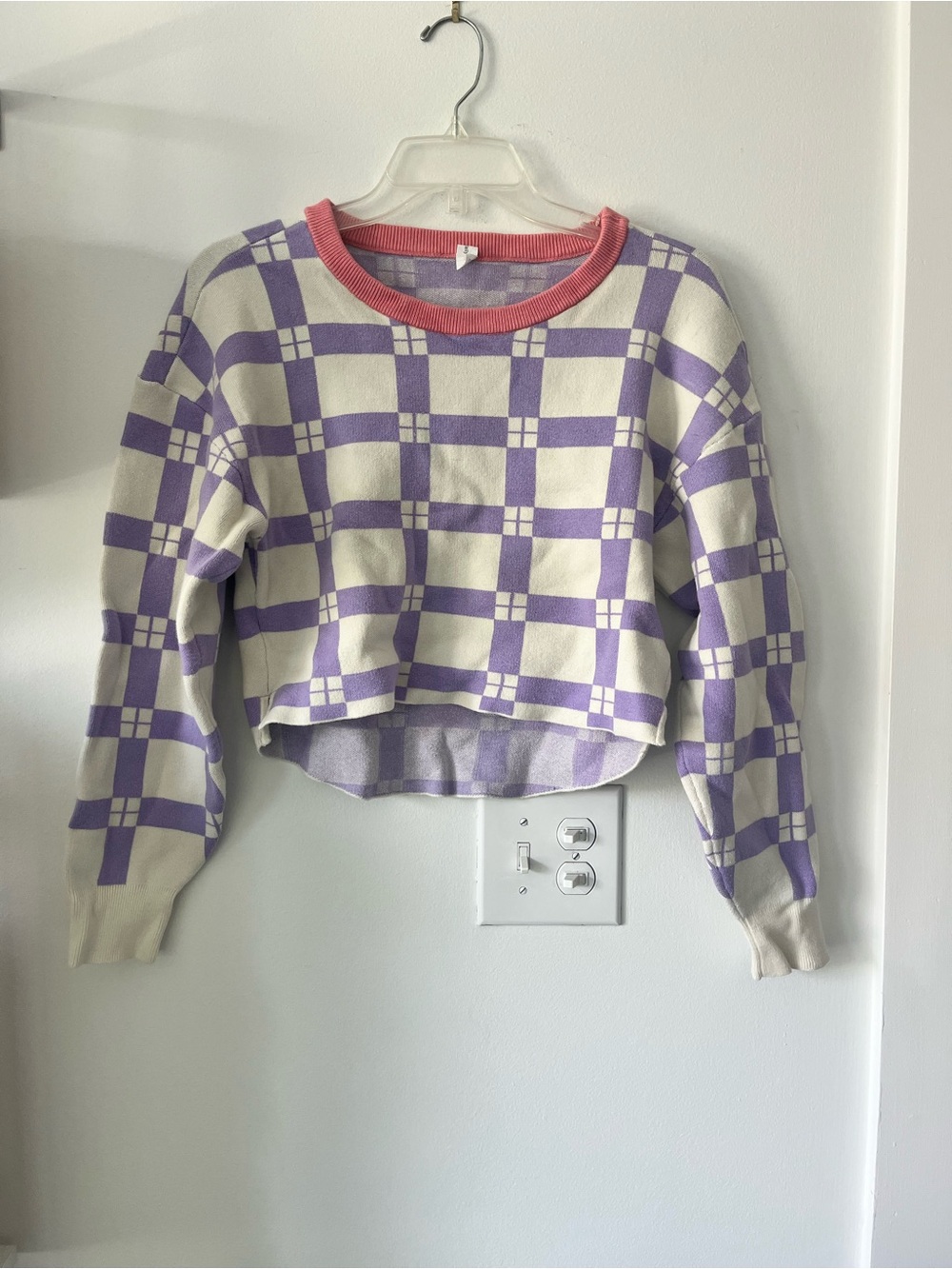 Purple Checkered Cropped Sweater with Pink Trim